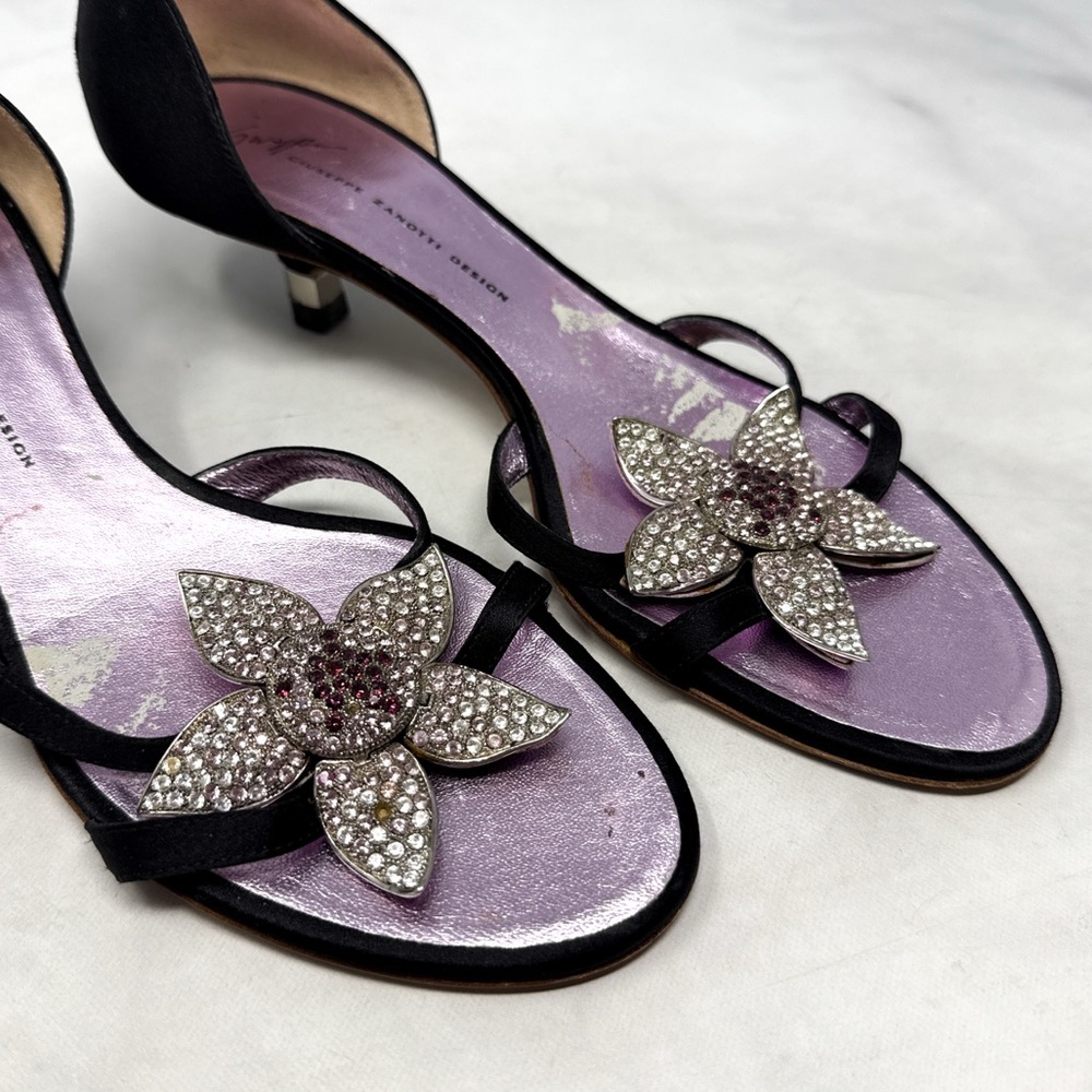 Giuseppe Zanotti Vicini Vintage Y2K Embellish Flower Silk Kitten Heel Mules Rare - Picture 5 of 15